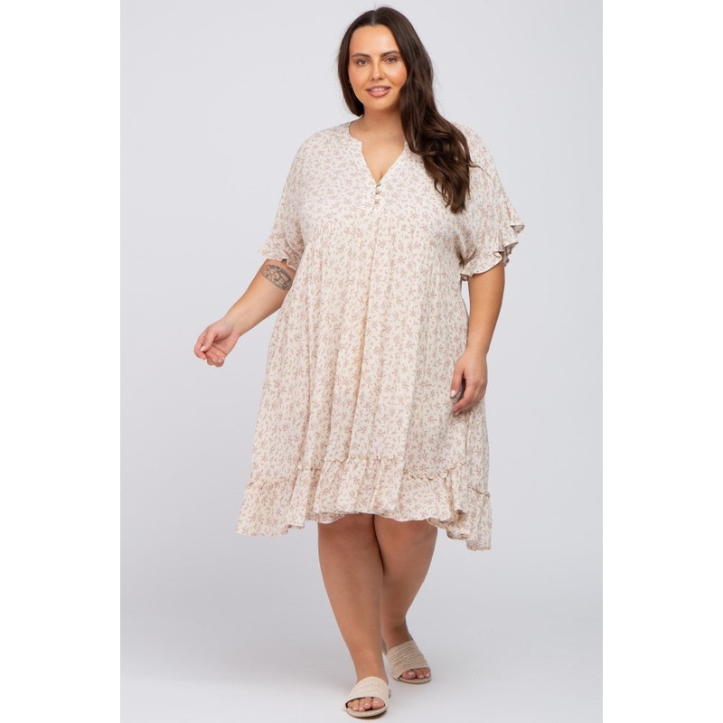 Beige Floral Short Sleeve Ruffle Hem Plus Dress