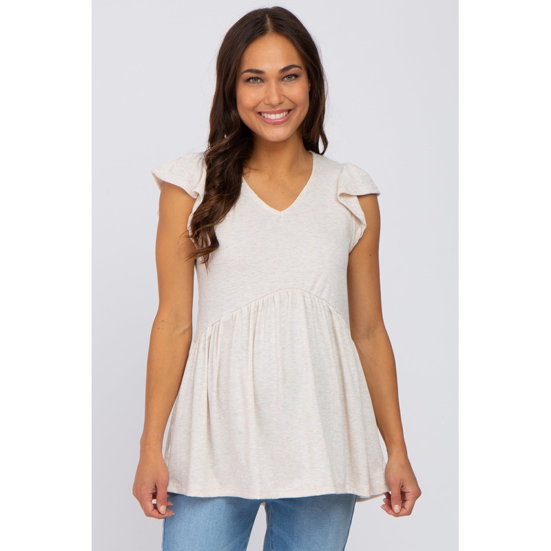 Beige Ribbed Ruffle Sleeve Maternity Top