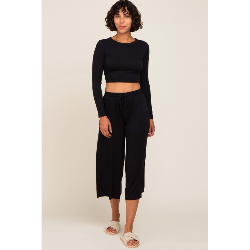 Black Cropped Long Sleeve Lounge Set