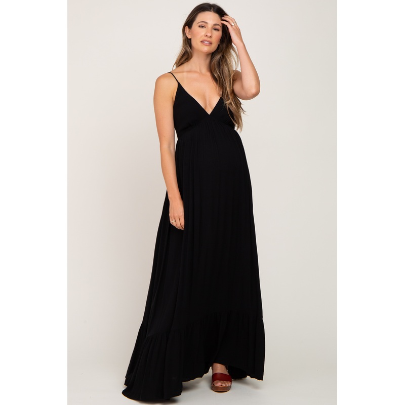 Black Deep V-Neck Back Tie Maternity Maxi Dress