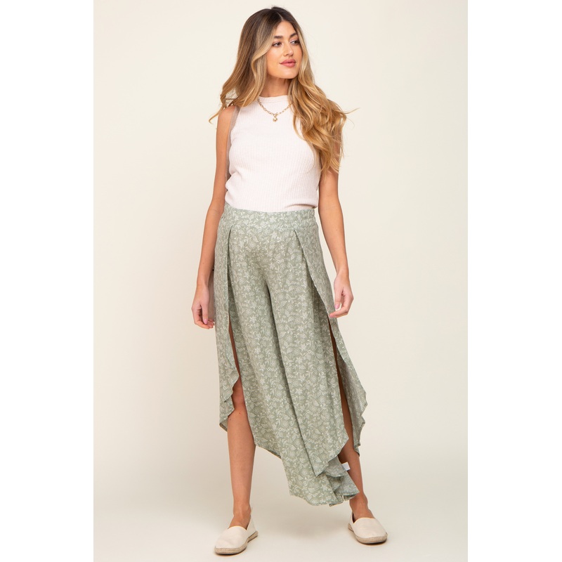 Light Olive Floral Tulip Wrap Hem Maternity Pants