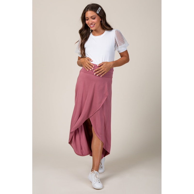 Mauve Foldover Hi-Low Maternity Wrap Skirt