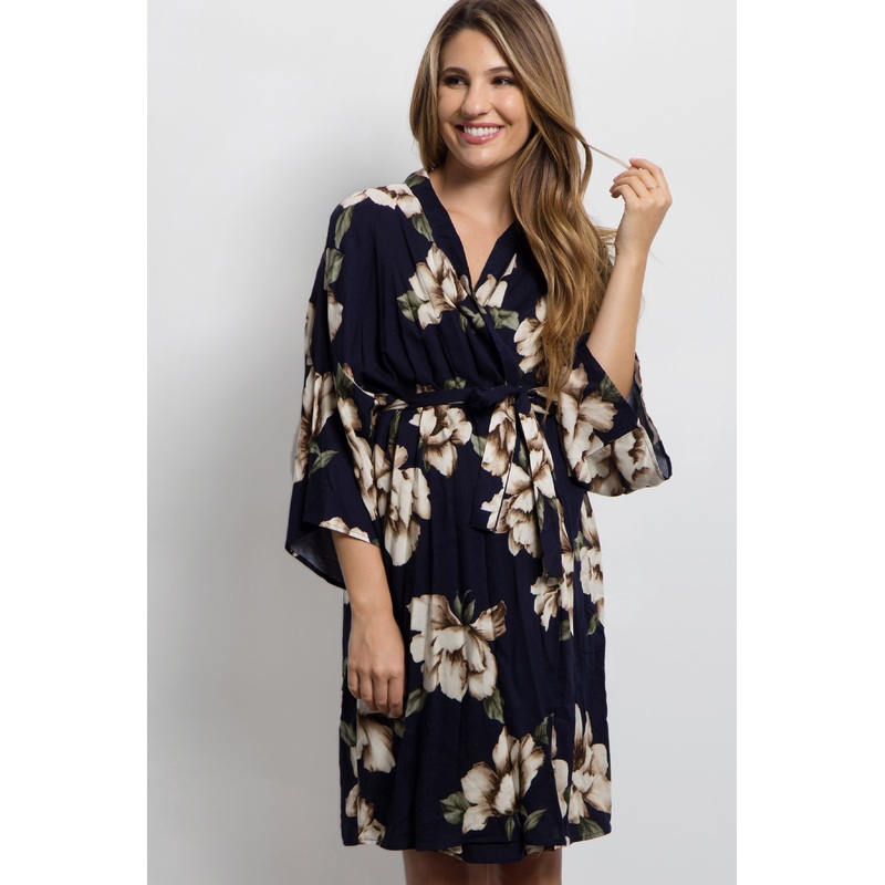 PinkBlush Navy Blue Floral Print Delivery/Nursing Maternity Robe