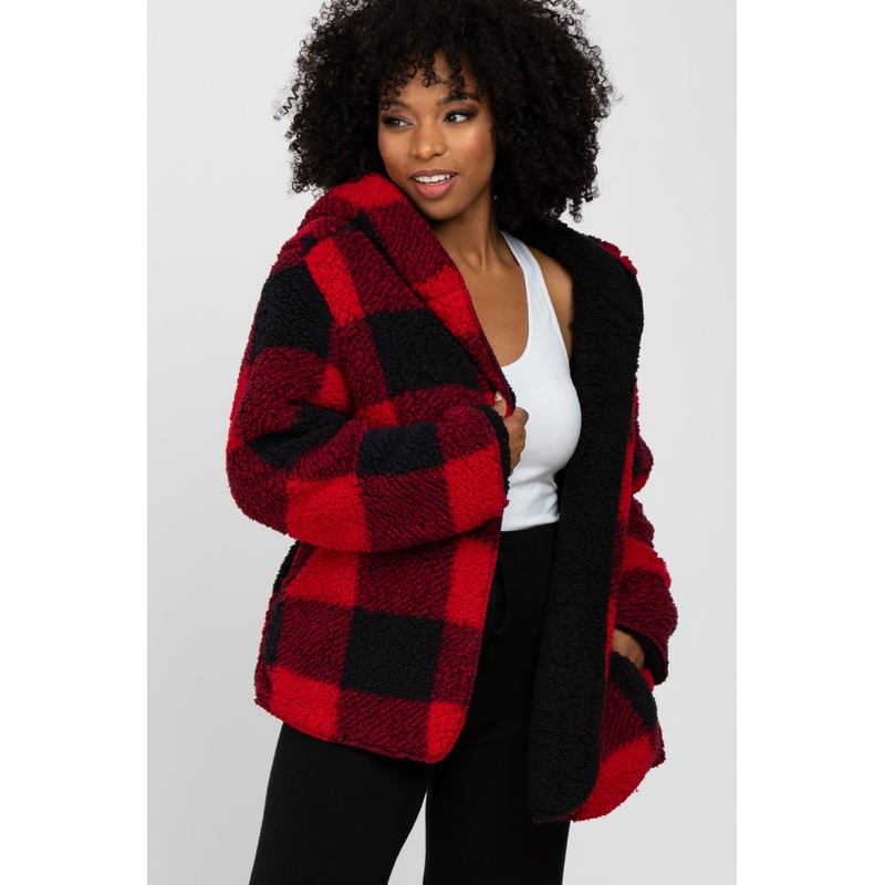 Red Plaid Reversible Sherpa Hooded Jacket