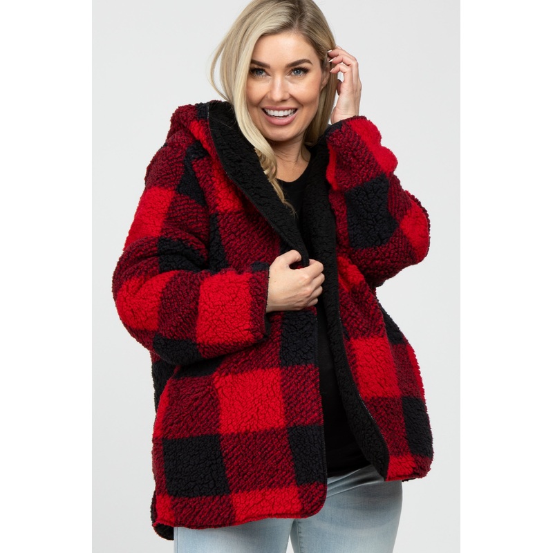 Red Plaid Reversible Sherpa Hooded Maternity Jacket