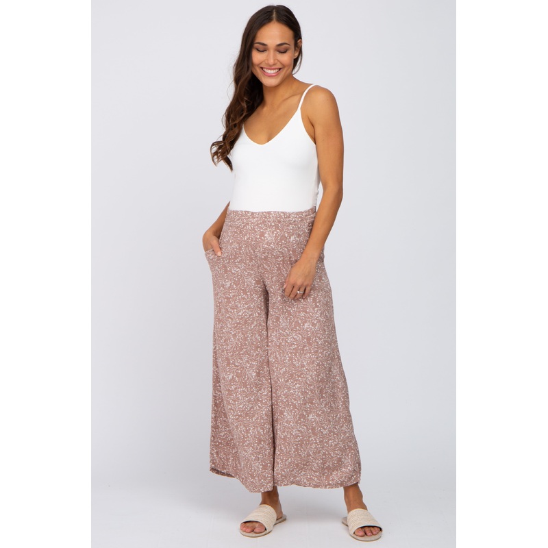 Taupe Leaf Print Wide Leg Cropped Maternity Pants