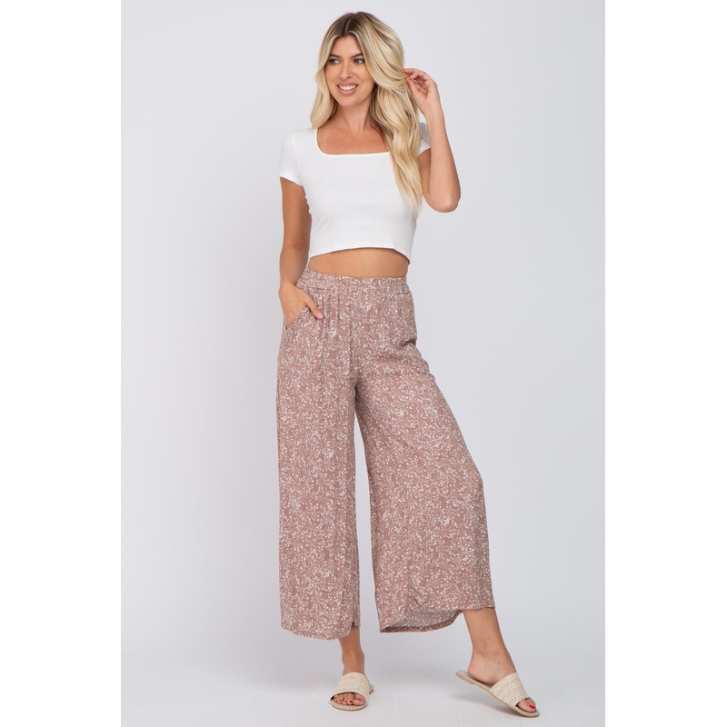 Taupe Leaf Print Wide Leg Cropped Pants