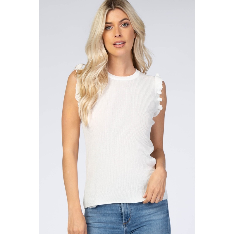White Knit Ruffle Accent Tank Top
