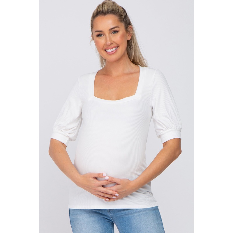 White Square Neck Ribbed Maternity Top