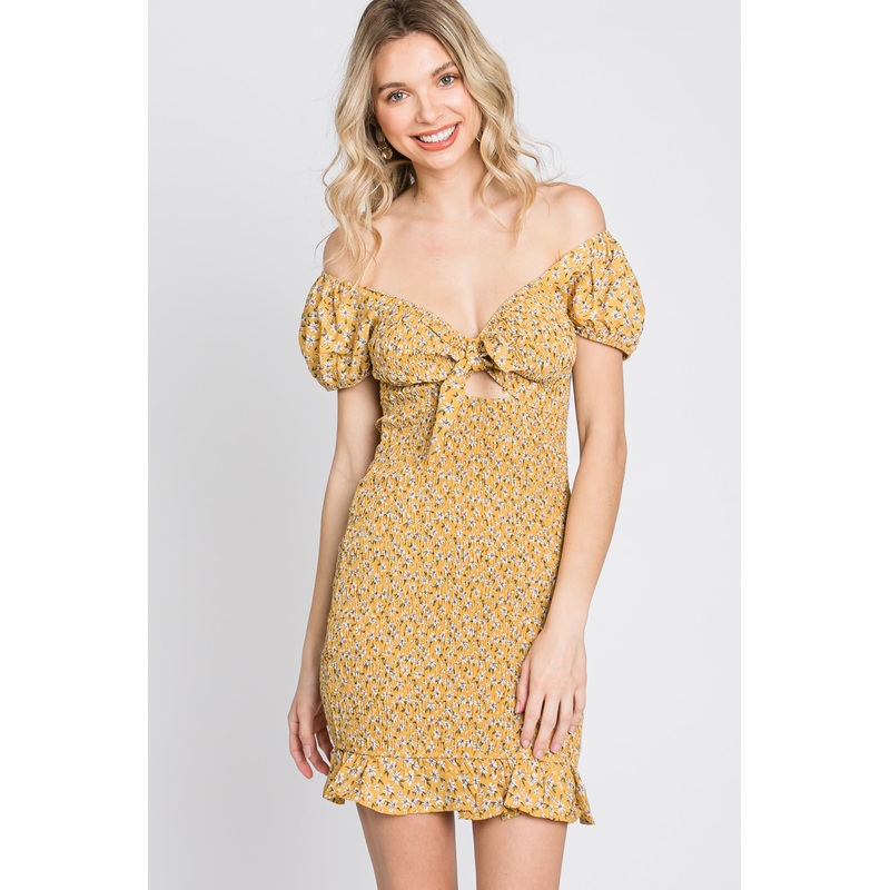 Yellow Floral Smocked Cutout Mini Dress