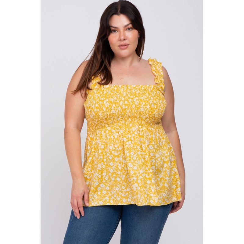 Yellow Floral Smocked Plus Tank Top
