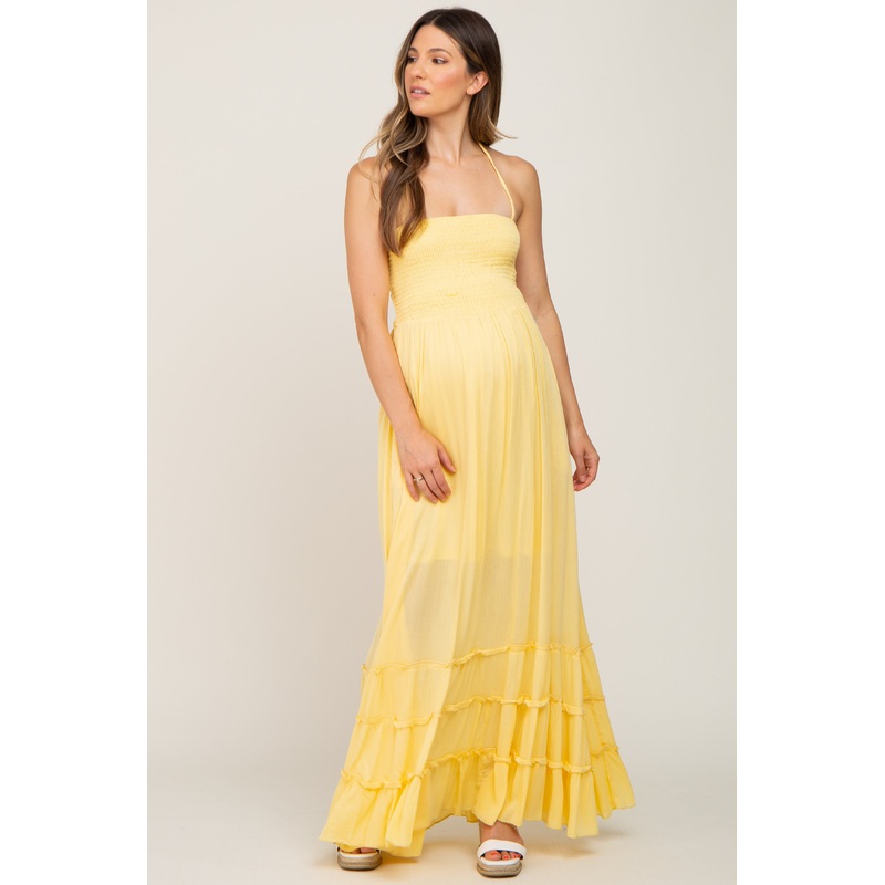 Yellow Halter Smocked Maternity Maxi Dress