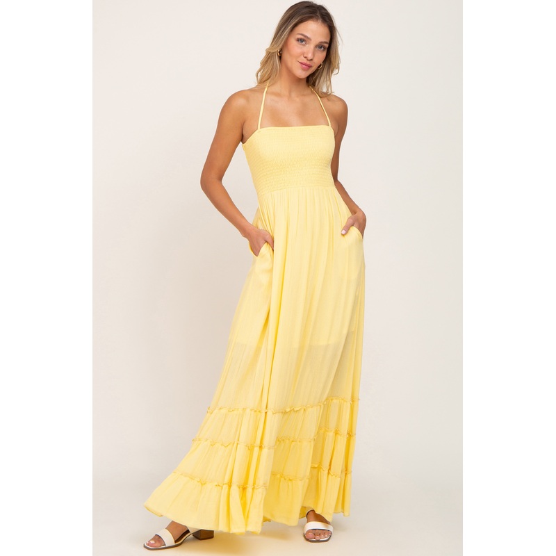 Yellow Halter Smocked Maxi Dress