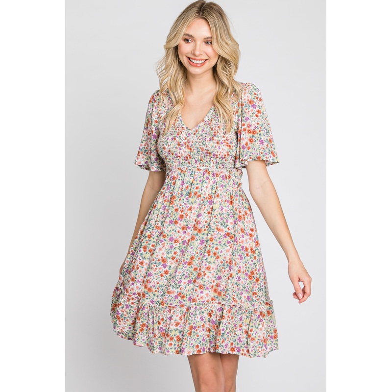Yellow Multi Floral Smocked V-Neck Dress