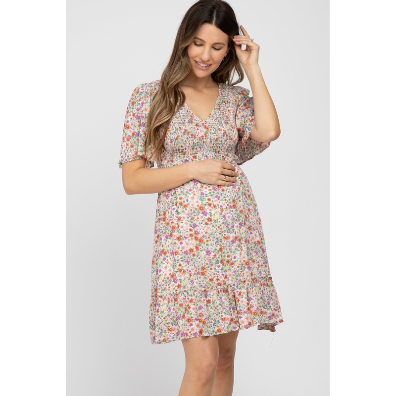 Yellow Multi Floral Smocked V-Neck Maternity Dress