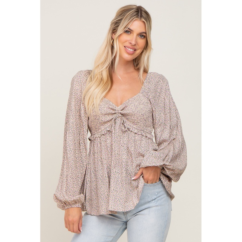 Beige Ditsy Floral Sweetheart Long Sleeve Top