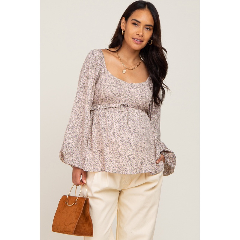 Beige Ditsy Floral Sweetheart Maternity Long Sleeve Top