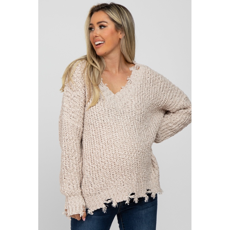 Beige V-Neck Distressed Maternity Sweater