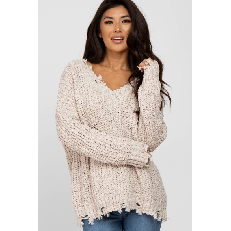 Beige V-Neck Distressed Sweater
