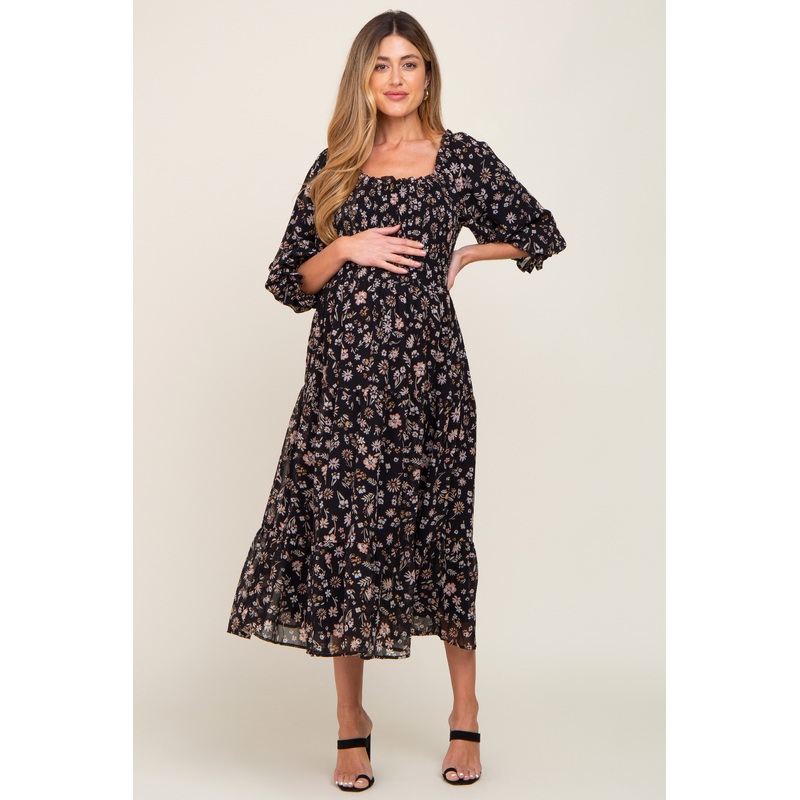 Black Floral 3/4 Sleeve Ruffle Maternity Midi Dress