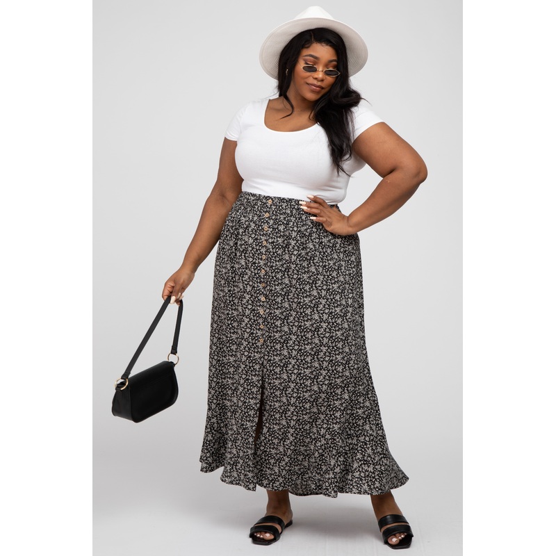Black Floral Button Accent Hi-low Plus Skirt