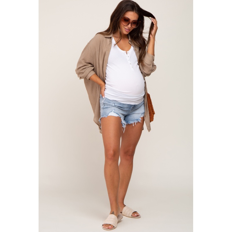 Light Blue Distressed Hem Maternity Jean Shorts