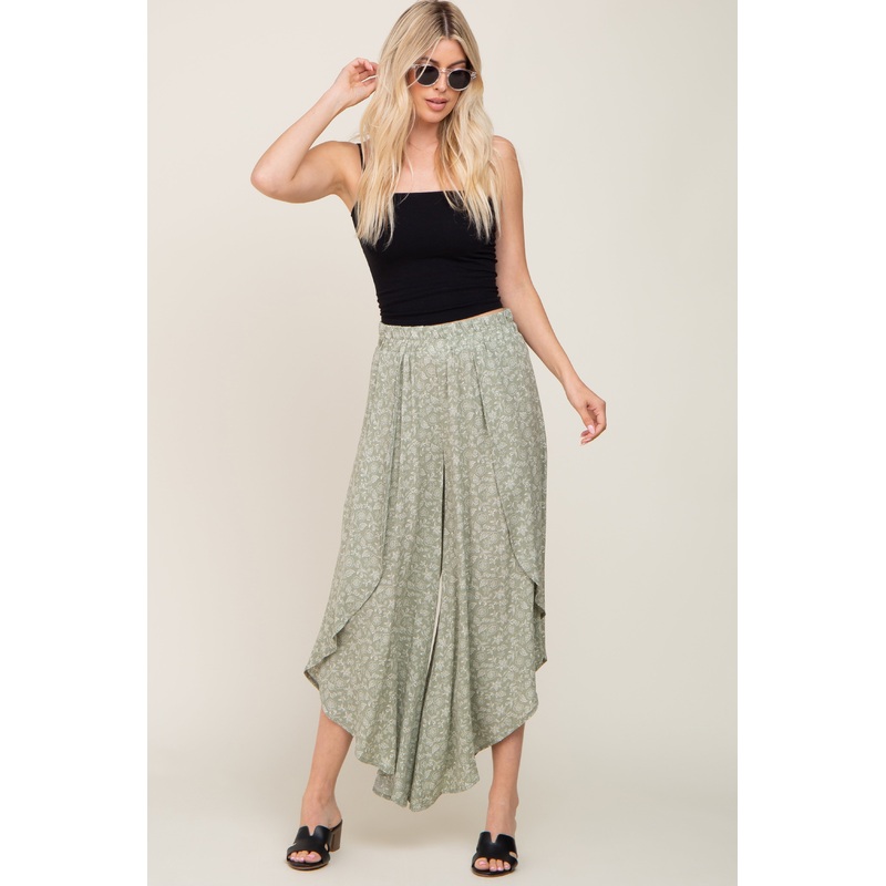 Light Olive Floral Tulip Wrap Hem Pants