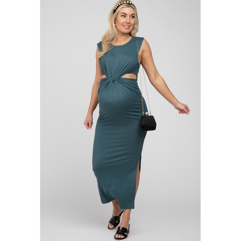 Teal Sleeveless Twist Cutout Maternity Midi Dress