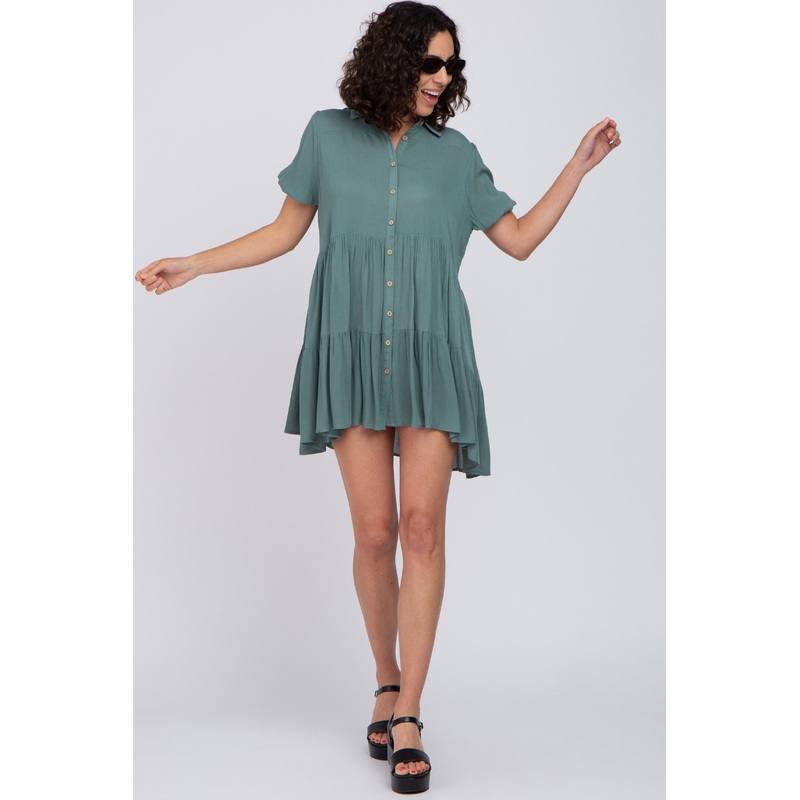 Teal Tiered Button Down Dress