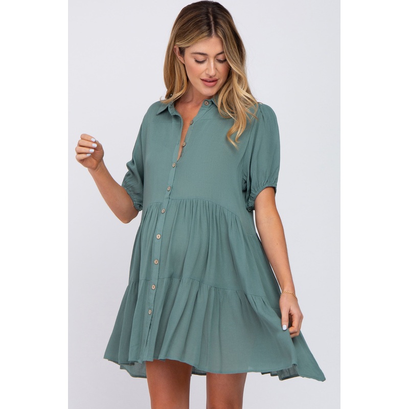 Teal Tiered Button Down Maternity Dress
