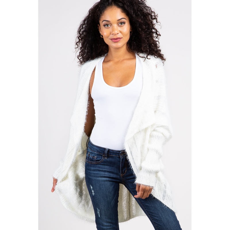 White Fuzzy Ribbed Knit Draped Cardigan