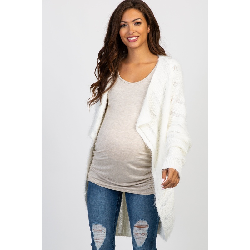 White Fuzzy Ribbed Knit Draped Maternity Cardigan