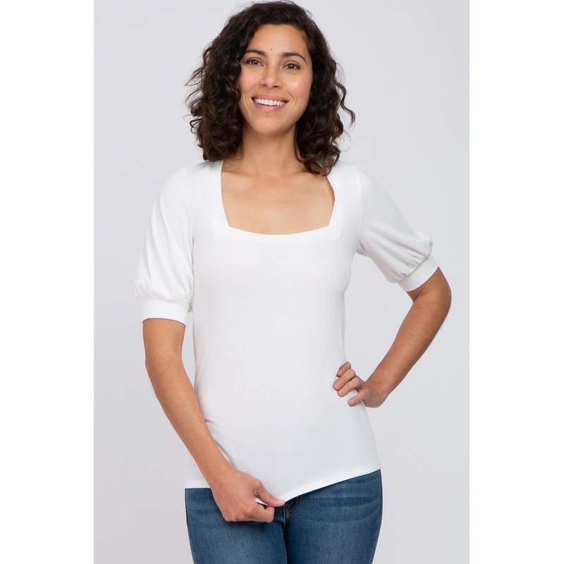 White Square Neck Ribbed Top