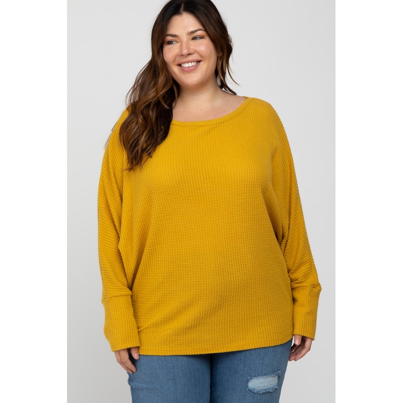 Yellow Brushed Waffle Knit Dolman Plus Top