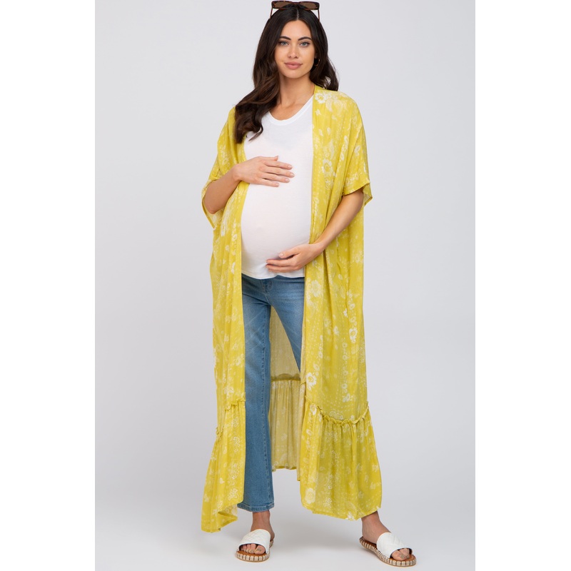 Yellow Floral Paisely Ruffle Hem Maternity Cover-up