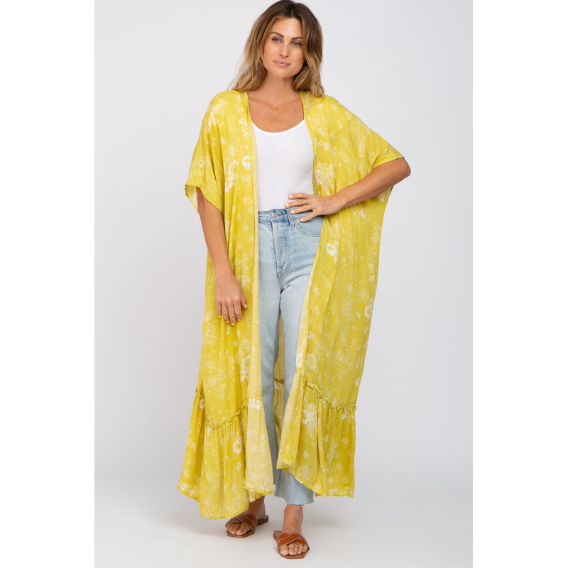 Yellow Floral Paisley Ruffle Hem Cover-up