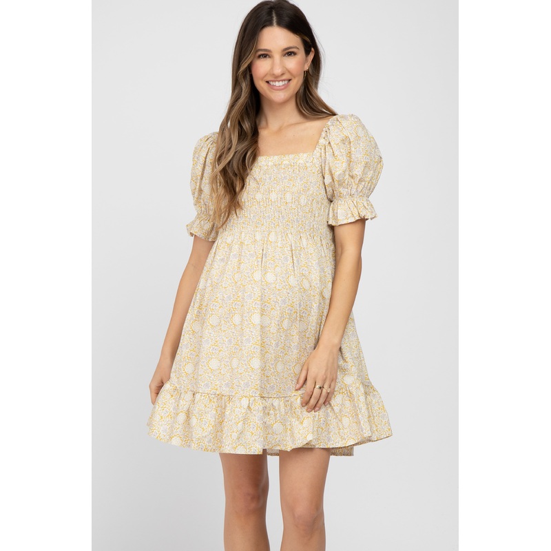 Yellow Floral Square Neck Smocked Ruffle Hem Maternity Dress