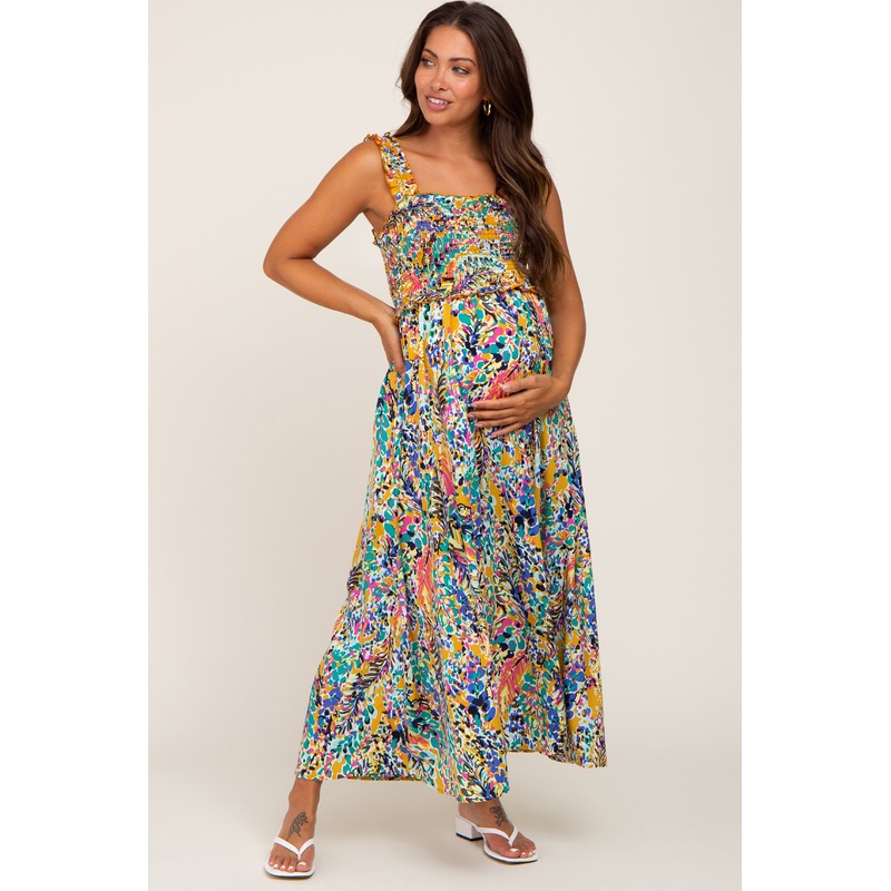 Yellow Printed Smocked Maternity Maxi Dress