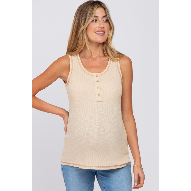 Yellow Ribbed Button Neckline Maternity Tank