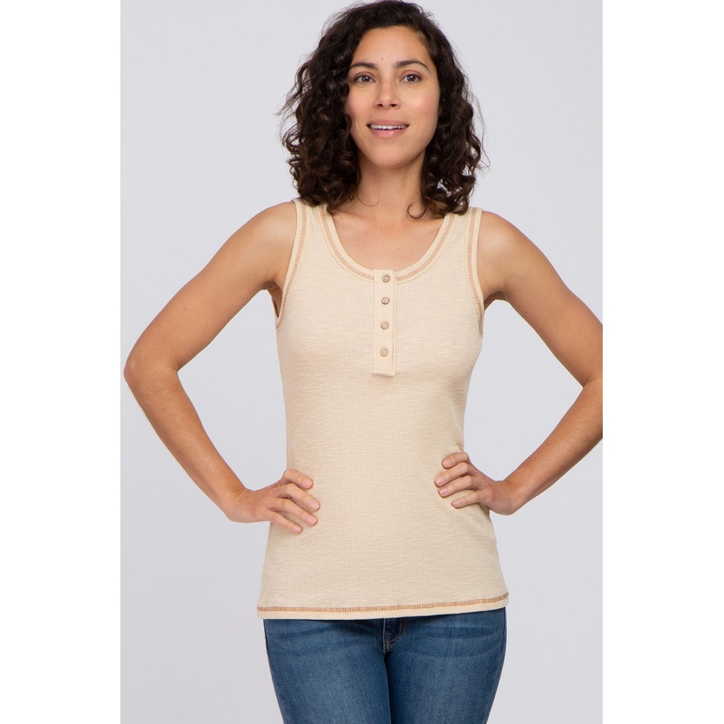 Yellow Ribbed Button Neckline Tank