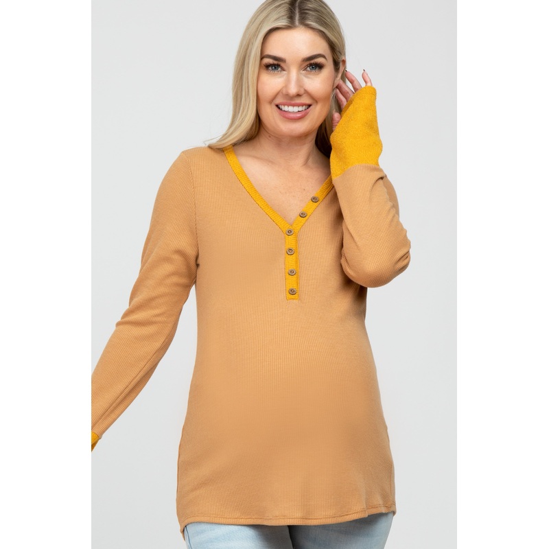 Yellow Waffle Knit Button Front Colorblock Maternity Top