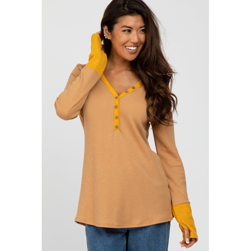 Yellow Waffle Knit Button Front Colorblock Top