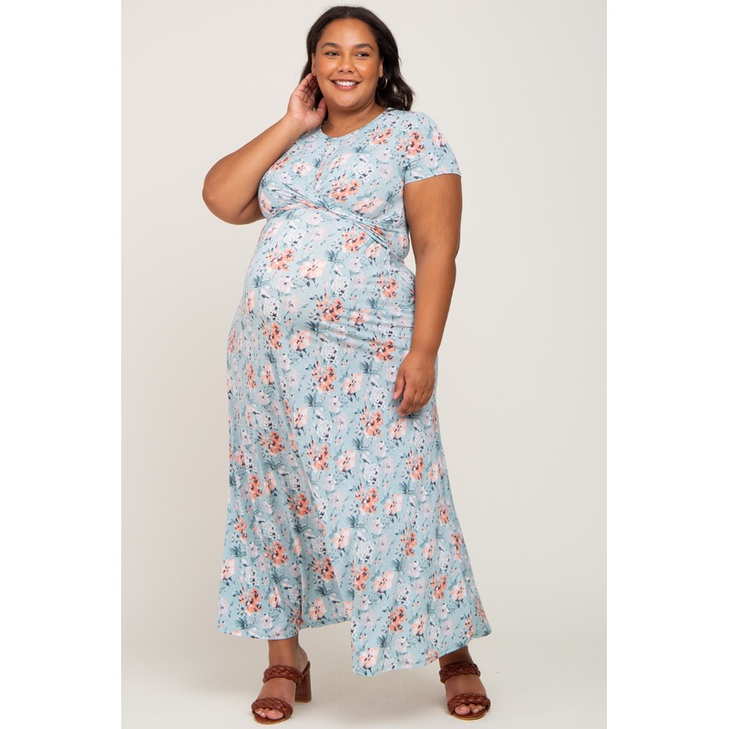 Aqua Floral Twist Maternity Plus Maxi Dress