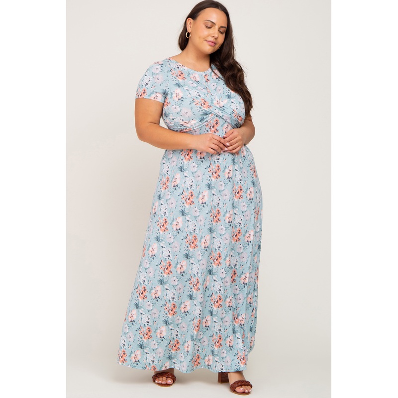 Aqua Floral Twist Plus Maxi Dress