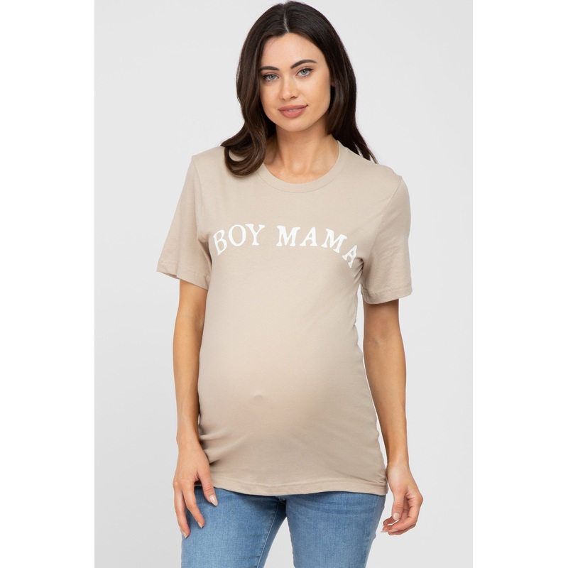 Beige "BOY MAMA" Graphic Maternity Tee