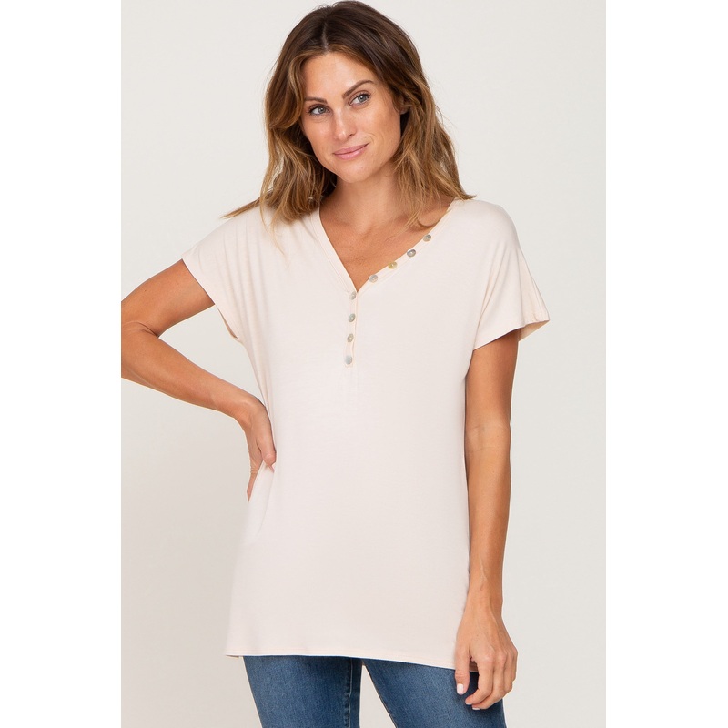 Beige Button V-Neck Short Sleeve Top