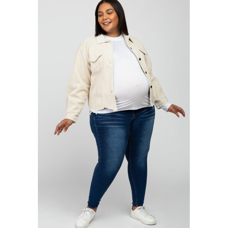 Beige Corduroy Distressed Hem Cropped Maternity Plus Jacket