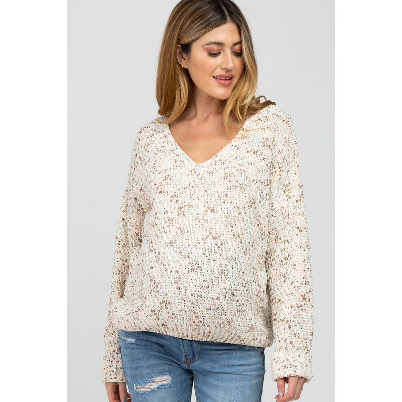 Beige Multi-Color V-Neck Chunky Knit Maternity Sweater