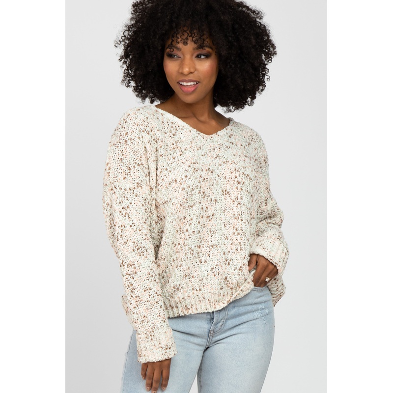 Beige Multi-Color V-Neck Chunky Knit Sweater