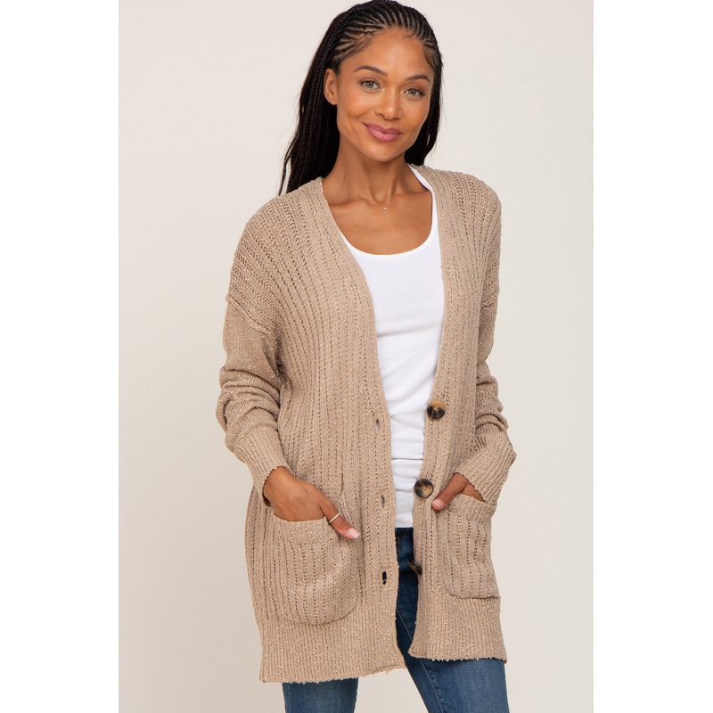 Beige Oversized Textured Knit Cardigan